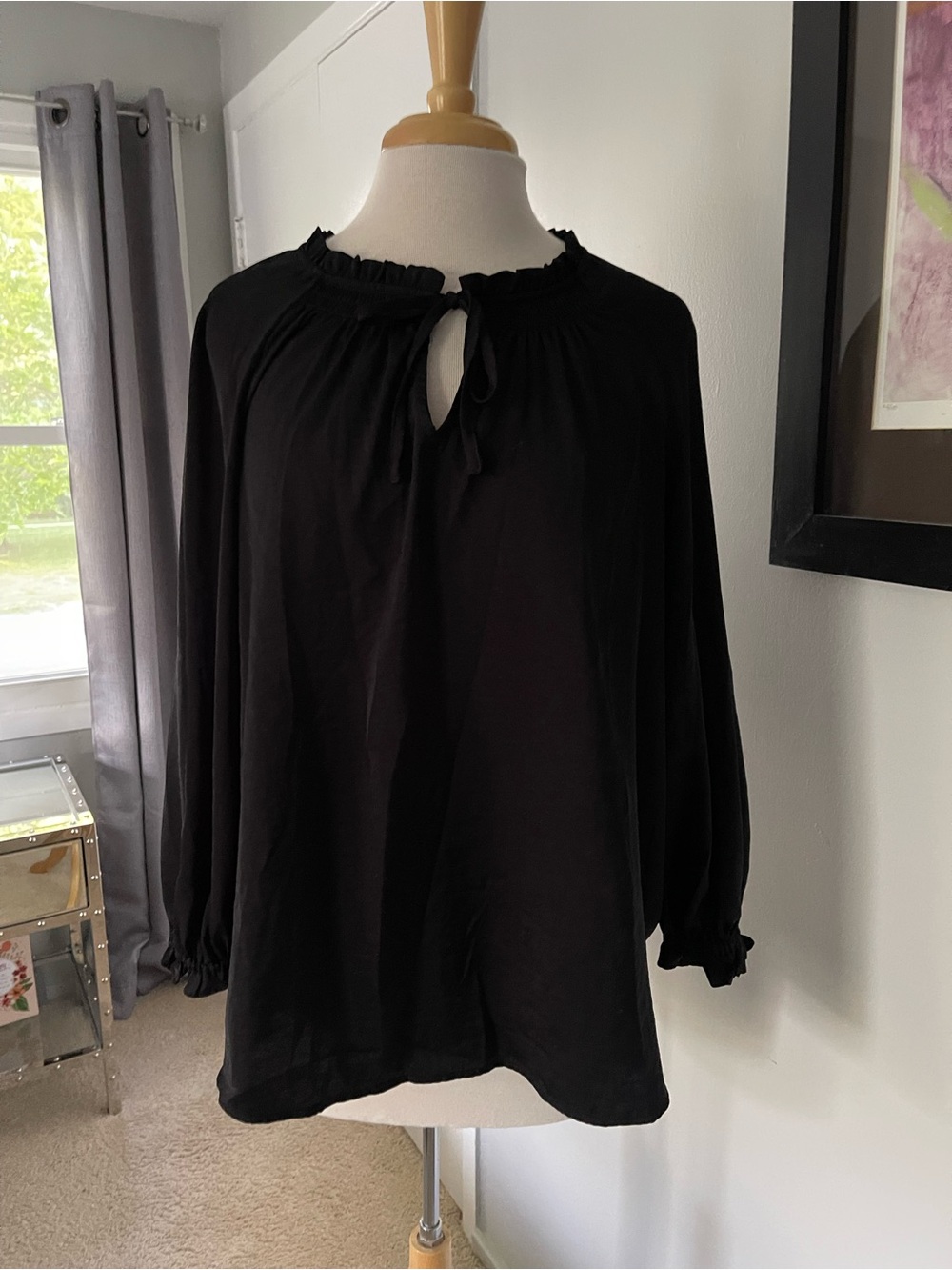 Tie-Neck Black Long-Sleeve Blouse